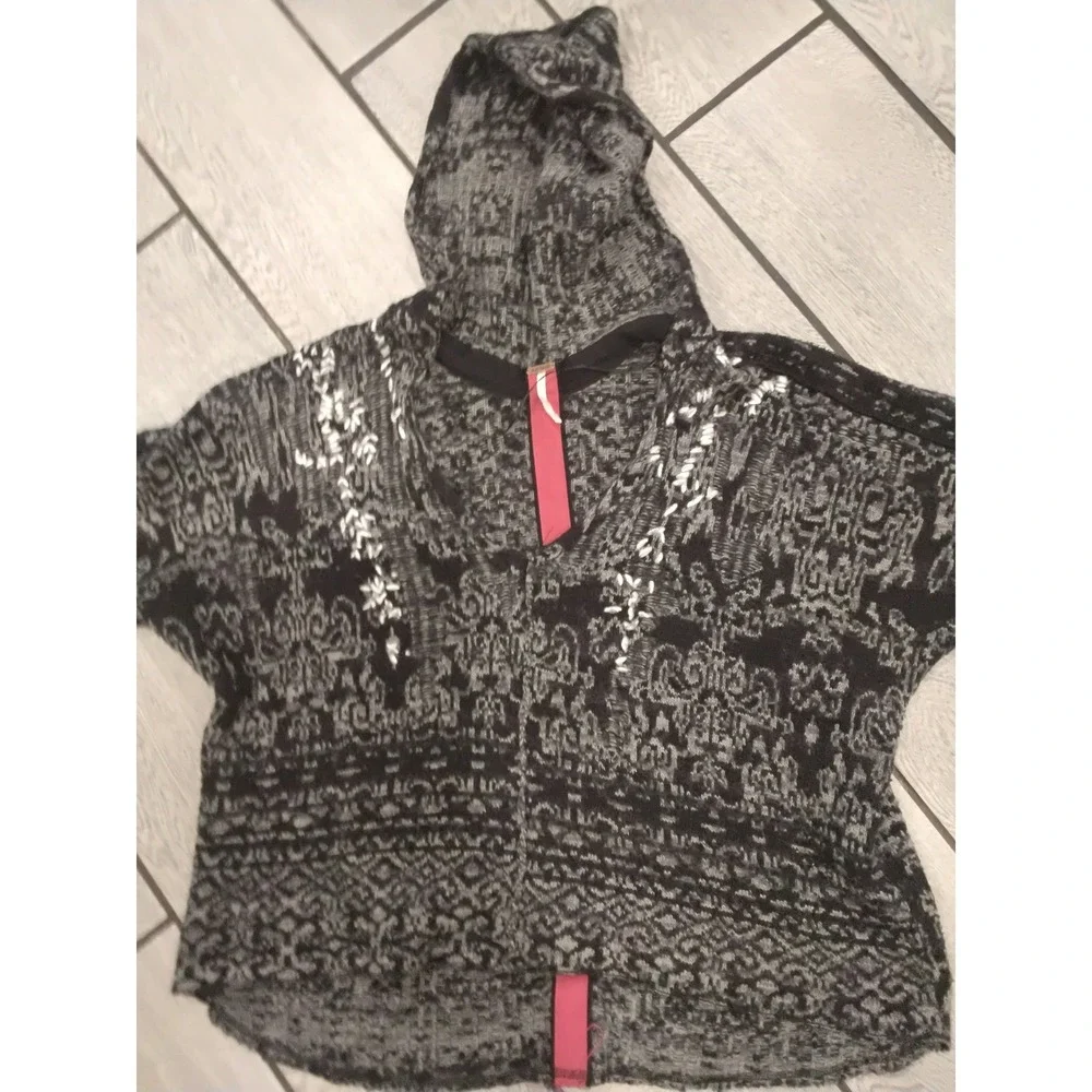 Free People Hooded Intarsia Knit Sweater Grey Black Wool Alpaca Blend Boho S